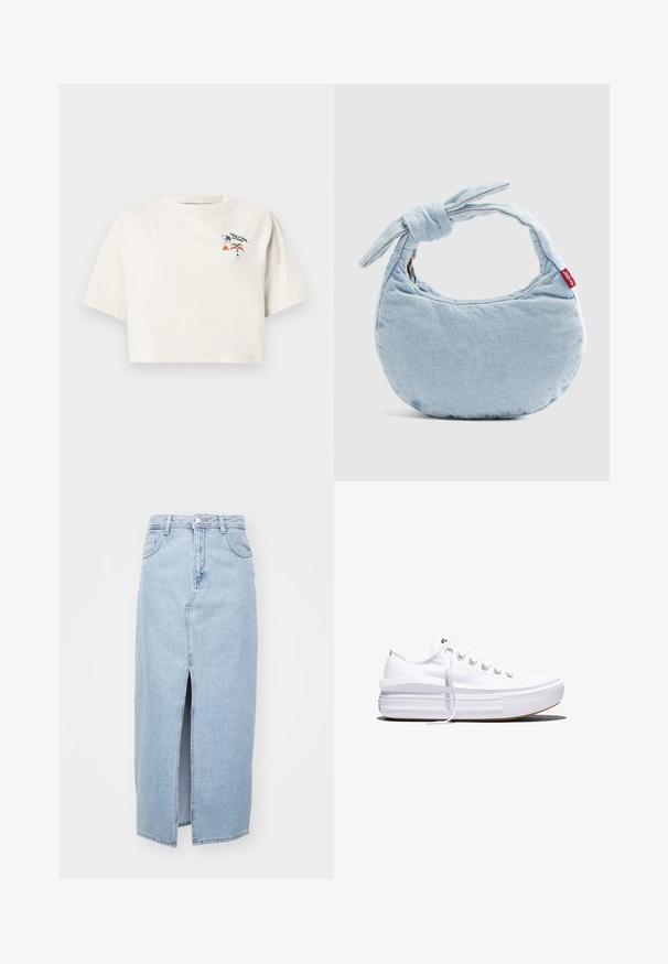 Kortærmet, crop-top t-shirt i cremefarvet bomuld. Har et farverigt motiv med teksten "Volcom" og mønstre af pizza og regnbuer.; Lyseblå denimnederdel med foran split, bæltesløjfer og klassisk fem-lomme design. Glat tekstur med en ren finish.; Hvid lavt snørestøvle med tyk plateau-sål, snørelukning foran og gummiforstærket tåkap, set i sideprofil.; Lyseblå denim skuldertaske med knudedetalje på håndtaget og en lille rød Levi's-mærkat på siden.