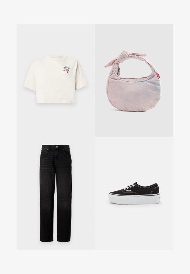 Gekürztes cremefarbenes T-Shirt mit kurzen Ärmeln aus Baumwolle. Mit buntem Motiv, das den Schriftzug "Volcom" sowie Muster mit Pizza und Regenbögen zeigt.; Schwarze Jeans aus Denim mit geradem Bein, fünf Taschen, Knopfverschluss und dezenten Ausbleichungen an den Oberschenkeln und Knien.; Schwarze Leinensneaker mit einer weißen Gummiplattformsohle, weißen Schnürsenkeln und Nähten, ikonischer Markenaufdruck an der Seite, im Low-Top-Design.; Hellrosa Jeans-Handtasche in Halbmondform mit verknotetem Riemen und rotem Levi's-Label auf einfarbigem Hintergrund.
