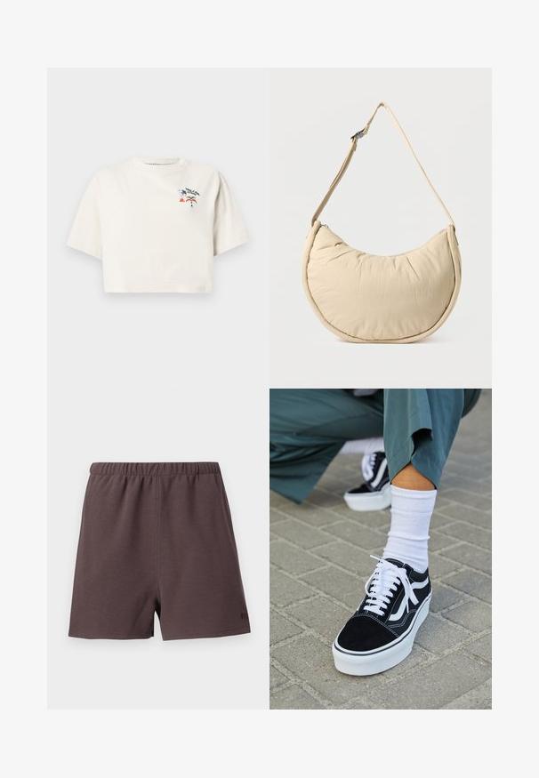 Kortærmet, crop-top t-shirt i cremefarvet bomuld. Har et farverigt motiv med teksten "Volcom" og mønstre af pizza og regnbuer.; Mørkebrune shorts lavet af tekstureret, vævet stof. Har en elastisk talje og en lille logo accent på nederste højre side.; Sorte ruskinds sneakers med hvide accenter og snørebånd, der har en tyk hvid sål og kontrasterende syninger, parret med en hvid sok.; Beige skuldertaske i halvmåneform med en blød, polstret overflade. Har justerbar rem og lynlås langs den øverste kant.