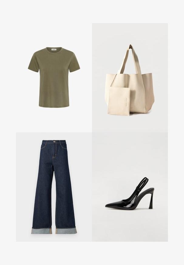 Olivengrøn kortærmet t-shirt med rund halsudskæring og "soaked" label på indersiden af kraven, ensfarvet design og almindelig pasform.; Bredde ben mørk denim jeans med orange syninger, med høj talje, to forlommer og opbrettede manchetter, der viser et lysblåt kontraststof.; Sorte patenterede lædersædler med spidse tæer, slank høj hæl og dobbelt elastisk rem for sikker pasform. Glat, skinnende overflade.; Beige stor tote-taske med ribbet tekstur og matchende aftagelig pung med lynlås foran på ensfarvet baggrund.