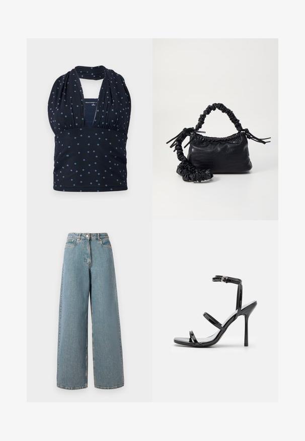 Marineblauw haltertopje met lichtblauwe polkadots, geplooid onder de buste, met een diepe V-hals en een geribbelde textuur.; Hogewaisted, lichtblauwe wijdvallende denim jeans met een ritssluiting aan de voorkant, knoopsluiting en zakken aan de voorkant.; Zwarte gepatineerde leren hoge hak sandalen met drie horizontale banden en een verstelbare enkelband. Slanke silhouette en glanzende afwerking.; Zwarte nepleer handtas met een krokodillenstructuur, opgedroogde bovenkant en een gekreukte hengsel. Het lijkt zacht en compact van ontwerp.