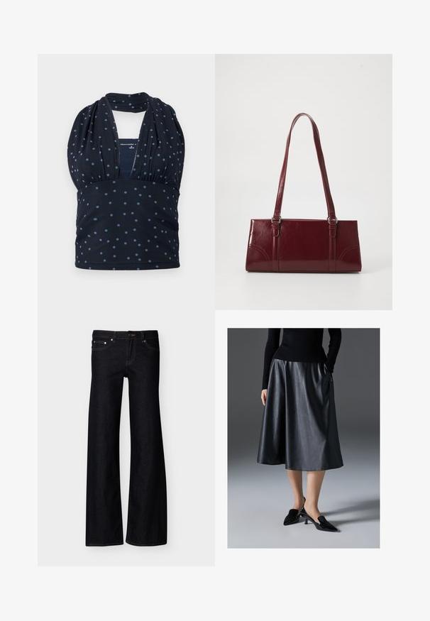 Marineblå haltertop med lyseblå polkaprikker, samlet under brystet, med dyb V-hals og ribbet tekstur.; Sorte vidde jeans i denim med forlommer, knaplukning og synlige syninger, vist mod en ensfarvet hvid baggrund.; Sort læder midi skirt med en glat tekstur; har en talje og sidelommer. Sammen med blanke sorte højhælede sko.; Bordeaux håndtaske lavet af glansfuldt materiale, rektangulær form, med to skulderremme og subtile buede detaljer på forsiden.