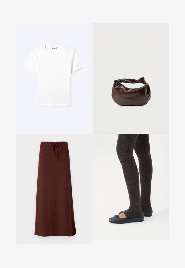 Effen wit T-shirt met korte mouwen en ronde hals met een klein "WEEKDAY" label aan de binnenkant van de hals, plat neergelegd op een lichte achtergrond.; Bruine, lange, gebreide rok met een elastische taille. Gladde textuur, licht uitlopende design en een uniforme kleur zonder patronen of accenten.; Benen met donkere geribbelde leggings gecombineerd met zwarte ballerina's met kleine strikdetails op een witte achtergrond.; Donkerbruine leren schoudertas met een zachte, slungelige vorm en een gedraaide knoopvormige handgreep op een effen witte achtergrond.