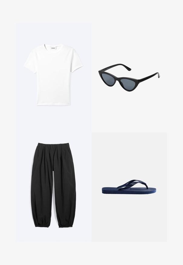 Effen wit T-shirt met korte mouwen en ronde hals met een klein "WEEKDAY" label aan de binnenkant van de hals, plat neergelegd op een lichte achtergrond.; Losse zwarte taps toelopende broek met elastische taille en enkelsboorden, gemaakt van lichtgewicht stof.; Donkerblauwe rubberen teenslipper met een gestructureerde zool en een Y-vormige band op een effen lichte achtergrond.; Zwarte cat-eye zonnebril met donkergrijze lenzen, slank plastic frame, puntige hoeken en rechte pootjes. Geen zichtbare hardware of accenten.