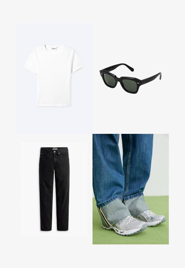 Camiseta blanca lisa de manga corta con cuello redondo y una pequeña etiqueta "WEEKDAY" dentro del cuello, mostrada extendida sobre un fondo claro.; Jeans negros de pierna recta con cierre de botones y cremallera, pasadores para cinturón y bolsillos delanteros y traseros, exhibidos de forma plana sobre un fondo blanco.; Zapatillas deportivas grises con material de malla y acentos blancos, combinadas con jeans de denim azul que tienen los tobillos remangados.; Gafas de sol cuadradas negras con lentes verde oscuro, con montura audaz y acentos plateados en los laterales. Fabricadas en Italia.