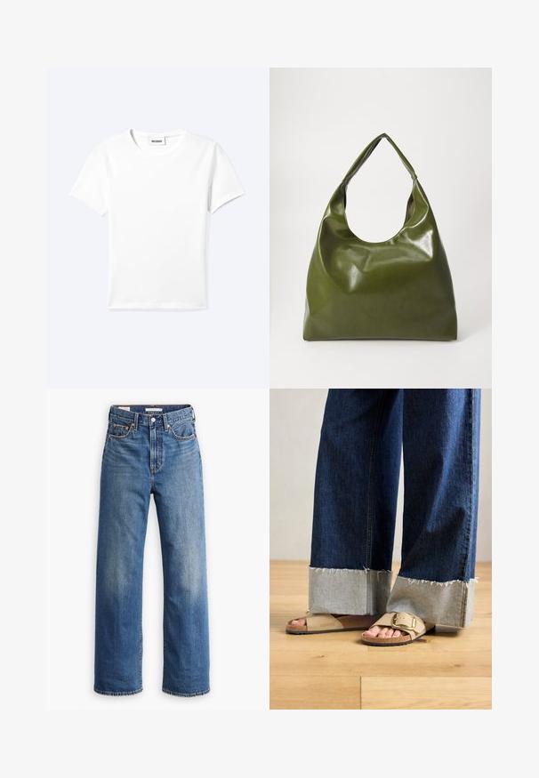 Camiseta blanca lisa de manga corta con cuello redondo y una pequeña etiqueta "WEEKDAY" dentro del cuello, mostrada extendida sobre un fondo claro.; Vaqueros de mezclilla azul claro con cintura alta, diseño de pierna ancha, estilo clásico de cinco bolsillos y un sutil desgaste en la tela.; Pies con sandalias Birkenstock beige con hebillas de oro, combinadas con jeans de mezclilla azul oscuro enrollados en los puños, de pie sobre un suelo de madera.; Bolsa hobo verde de cuero con un diseño suave, asa curvada y textura lisa. No contiene hardware visible ni acentos.
