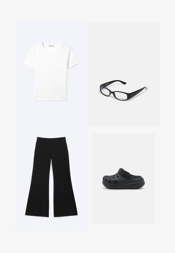 Einfaches weißes T-Shirt mit kurzen Ärmeln und Rundhalsausschnitt sowie kleinem "WEEKDAY"-Etikett im Nacken, flach auf einem hellen Hintergrund präsentiert.; Schwarze Hosen mit weitem Bein, Gürtelschlaufen und Seitentaschen, flach auf weißem Hintergrund präsentiert.; Schwarzer Gummischuh mit Belüftungsöffnungen, erhöhtem Absatz und verstellbarem Riemen. Glatte Textur und abgerundete Form.; Schwarze rechteckige Brille mit klaren Gläsern. Glänzende Oberfläche, schmale Bügel und lila Tönung an den Rändern der Gläser sichtbar.