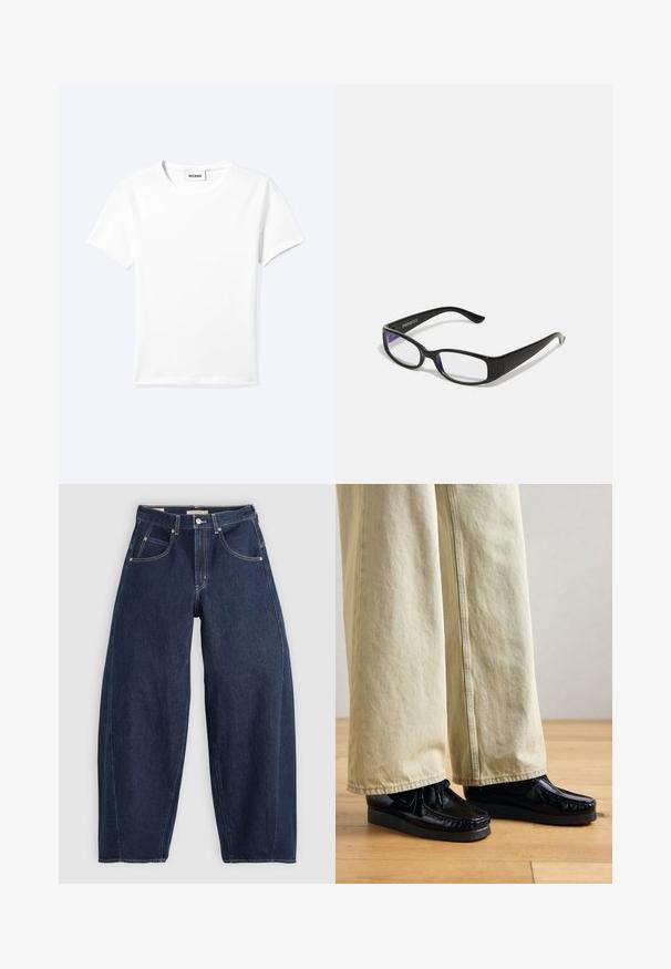 Einfaches weißes T-Shirt mit kurzen Ärmeln und Rundhalsausschnitt sowie kleinem "WEEKDAY"-Etikett im Nacken, flach auf einem hellen Hintergrund präsentiert.; Dunkelblaue Denim-Jeans mit lockerer Passform, heller Naht, fünf Taschen und einem Knopfverschluss am Bund.; Schwarze Lackleder-Schuhe mit einer strukturierten Plateausohle, ausgestattet mit einer Schnürung und gestickten Details. Getragen mit hellbeigen weiten Hosen.; Schwarze rechteckige Brille mit klaren Gläsern. Glänzende Oberfläche, schmale Bügel und lila Tönung an den Rändern der Gläser sichtbar.