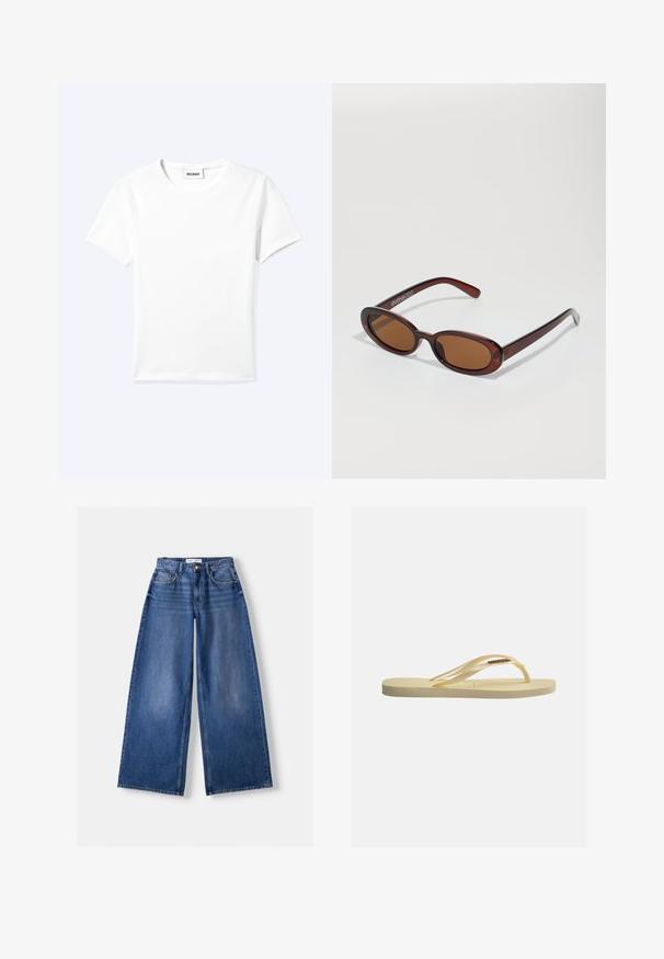 T-shirt blanc uni à manches courtes et col rond avec une petite étiquette "WEEKDAY" à l'intérieur de l'encolure, présenté à plat sur un fond clair.; Jeans en denim bleu à jambes larges avec poches avant, passants de ceinture et fermeture par bouton, posés à plat sur un fond clair.; Tongs beige unique avec semelle texturée et fines brides, arborant un petit logo de marque doré sur la bride.; Lunettes de soleil rondes teinte brun avec une monture bordeaux brillante. Branches fines avec un détail de marque subtil. Design de verres plats.