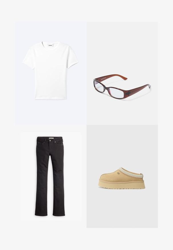 T-shirt blanc uni à manches courtes et col rond avec une petite étiquette "WEEKDAY" à l'intérieur de l'encolure, présenté à plat sur un fond clair.; Jean noir en denim, avec une coupe droite, taille standard, cinq poches et des détails de couture subtils.; Chaussure UGG slip-on beige avec semelle épaisse et bordure à motif autour de l’ouverture, vue de côté sur un fond uni.; Lunettes rectangulaires teintées de brun avec une finition brillante, dotées de branches fines et de verres transparents. Logo visible sur la branche gauche.