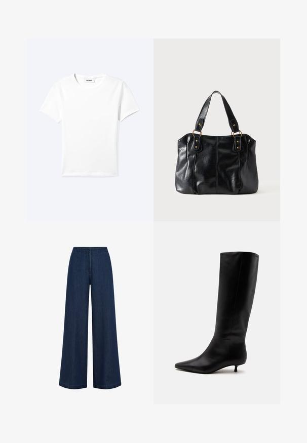 Camiseta blanca lisa de manga corta con cuello redondo y una pequeña etiqueta "WEEKDAY" dentro del cuello, mostrada extendida sobre un fondo claro.; Jeans de pierna ancha de color azul oscuro con corte recto, hechos de denim. Presentan una cintura alta y un sutil detalle de costura. Sin hardware visible.; Bota alta de cuero negro hasta la rodilla con puntera puntiaguda y tacón bajo tipo kitten sobre un fondo claro y liso.; Bolso de cuero negro para el hombro con doble asa unida por anillas y remaches dorados, superficie lisa y ligeramente brillante, diseño sencillo.