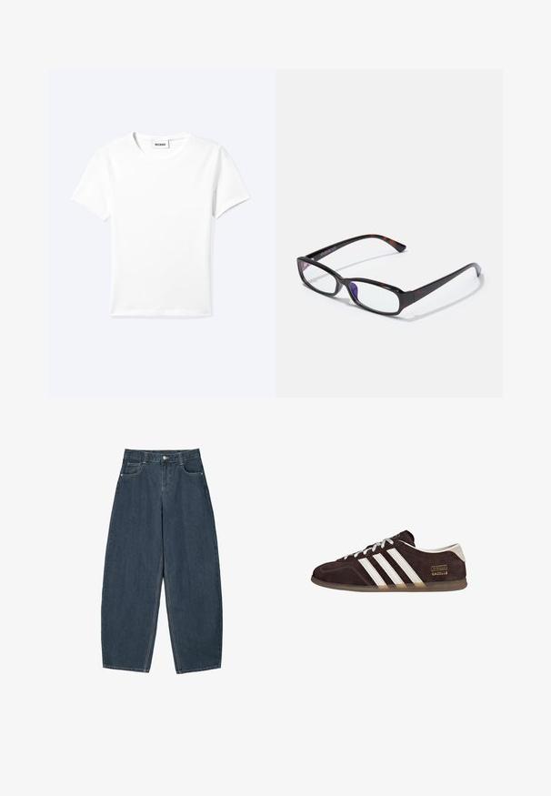 Einfaches weißes T-Shirt mit kurzen Ärmeln und Rundhalsausschnitt sowie kleinem "WEEKDAY"-Etikett im Nacken, flach auf einem hellen Hintergrund präsentiert.; Dunkelblaue Denim-Hosenträger mit weitem Bein und hoher Taille, ausgestattet mit fünf Taschen und sichtbaren Nähdetails. Sauberes, minimalistisches Design.; Braune Wildleder-Sneaker mit drei weißen Streifen, Gummisohle und Textlabel "Gazelle" in Gold. Schnürdesign mit grauen Schnürsenkeln.; Rechteckige Brille mit Schildpatt-Muster, schwarzem Kunststoffrahmen und transparenten Gläsern. Mit dünnen Bügeln und leicht geschwungenen Enden.