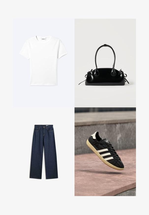 T-shirt blanc uni à manches courtes et col rond avec une petite étiquette "WEEKDAY" à l'intérieur de l'encolure, présenté à plat sur un fond clair.; Jean en denim sombre à jambes larges avec cinq poches, coutures visibles et fermeture à bouton. Présente une coupe droite et un léger effet vieilli.; Baskets Adidas noires avec des bandes blanches et une semelle beige, capturées en plein air au-dessus d'une surface en pierre et d'un mur en pierre en arrière-plan.; Petit sac à main noir brillant avec deux longues anses et des détails à cordon sur les côtés sur un fond clair uni.