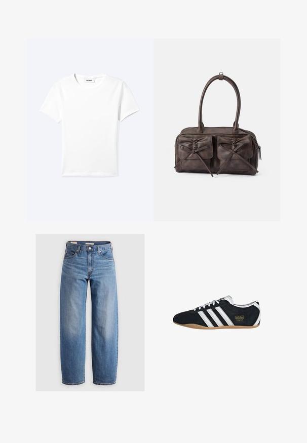 Effen wit T-shirt met korte mouwen en ronde hals met een klein "WEEKDAY" label aan de binnenkant van de hals, plat neergelegd op een lichte achtergrond.; Lichtblauwe rechte spijkerbroek van denim. Bevat een klassiek vijf-pocket ontwerp en subtiele vervaging langs de benen.; Zwarte suède sneaker met witte drie strepen, gouden logo en een bruine rubberen zool. Heeft een laag profiel vetersluiting ontwerp.; Bruine leren handtas met twee voorzakken met strikjes, ronde handvatten en een ritsafsluiting. Gladde textuur met een subtiele glans.