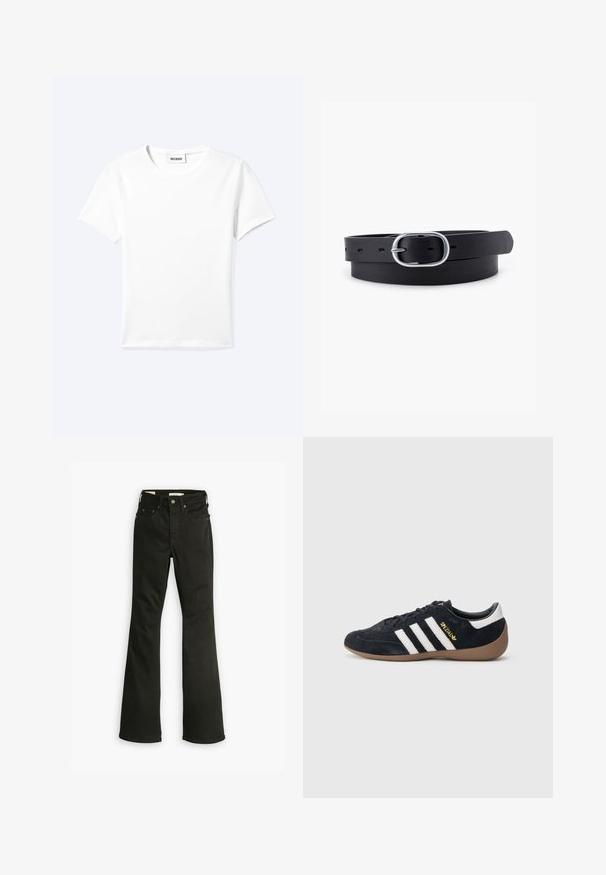 Einfaches weißes T-Shirt mit kurzen Ärmeln und Rundhalsausschnitt sowie kleinem "WEEKDAY"-Etikett im Nacken, flach auf einem hellen Hintergrund präsentiert.; Schwarze Schlagjeans aus Denim. Verfügt über ein klassisches Fünf-Taschen-Design mit Reißverschluss, robuster Naht und sauberem Saum.; Schwarzer Veloursleder-Sneaker mit drei weißen Streifen, Gummisohle und einem kleinen goldenen Logo an der Seite. Verfügt über ein glattes schwarzes Innenfutter.; Schwarzer Leder Gürtel mit glatter Textur, ovaler silberner Metallschnalle und mehreren Einstelllöchern entlang des Riemens. Flaches, minimalistisches Design.