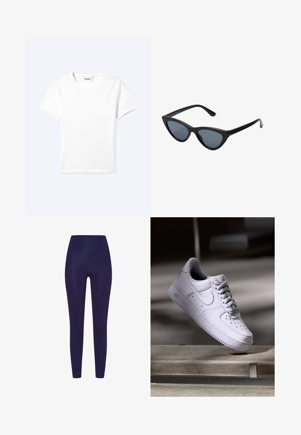Camiseta blanca lisa de manga corta con cuello redondo y una pequeña etiqueta "WEEKDAY" dentro del cuello, mostrada extendida sobre un fondo claro.; Leggings azul marino con una cintura alta, hechos de un material liso y elástico. El diseño presenta una forma ajustada sin patrones.; Zapatilla Nike Air Force 1 blanca levitando sobre una superficie de hormigón con sombras en un entorno minimalista.; Gafas de sol negras en forma de ojo de gato con lentes gris oscuro, marco de plástico elegante, esquinas puntiagudas y patillas rectas. Sin herrajes ni acentos visibles.