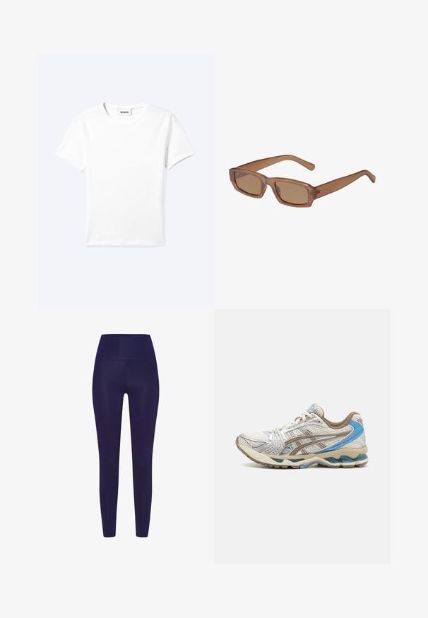 Effen wit T-shirt met korte mouwen en ronde hals met een klein "WEEKDAY" label aan de binnenkant van de hals, plat neergelegd op een lichte achtergrond.; Navy blauwe leggings met een hoge tailleband, gemaakt van een gladde, rekbare stof. Het ontwerp heeft een aansluitende pasvorm zonder patronen.; Witte en beige hardloopschoen met blauwe accenten, mesh bovenwerk, gewatteerde zool en vetersluiting, getoond vanaf de buitenkant.; Bruine, rechthoekige zonnebril met een transparant montuur, slanke pootjes en getinte lenzen, met een gladde textuur en modern ontwerp.