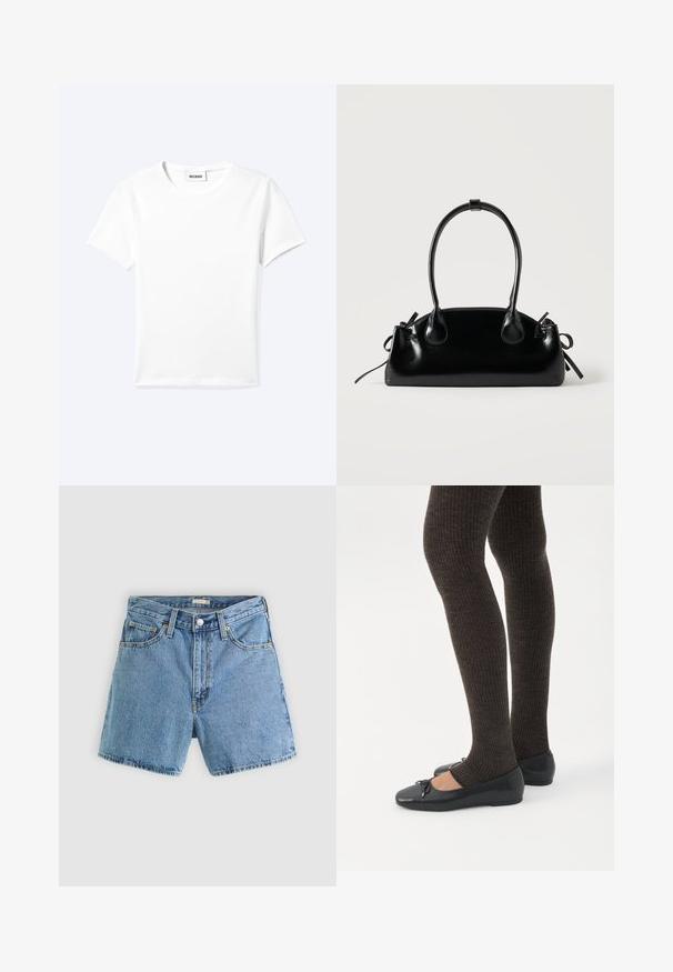 T-shirt blanc uni à manches courtes et col rond avec une petite étiquette "WEEKDAY" à l'intérieur de l'encolure, présenté à plat sur un fond clair.; Short en denim bleu clair avec bouton et fermeture éclair à l'avant, passants de ceinture, et design à cinq poches sur un fond uni.; Jambes portant des leggings côtelés foncés associés à des ballerines noires avec de petits détails en nœud sur fond blanc.; Petit sac à main noir brillant avec deux longues anses et des détails à cordon sur les côtés sur un fond clair uni.