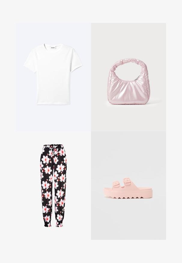 Camiseta blanca lisa de manga corta con cuello redondo y una pequeña etiqueta "WEEKDAY" dentro del cuello, mostrada extendida sobre un fondo claro.; Pantalones de tela negra con patrón floral en blanco y rojo, con cintura elástica y cordón ajustable, y puños fruncidos. Material ligero.; Chanclas de espuma rosas claras con dos hebillas ajustables, suela de plataforma mediana y textura en zigzag en la suela.; Bolso de mano acolchado en color rosa con un diseño redondeado, fabricado en material brillante. Presenta un asa fruncida y un cierre de cremallera para un acceso seguro.