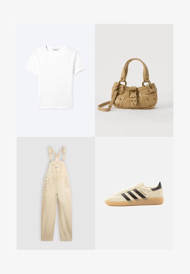 Ensfarvet hvid t-shirt med korte ærmer og rund halsudskæring med en lille "WEEKDAY" label indeni halskanten, vist fladt på en lys baggrund.; Lys beige overalls lavet af denim, med en firkantet lomme, justerbare stropper, trykknapper i siden og bred benudskæring.; Kremfarvet ruskindssneaker med sorte striber, gummisål, sort hælstrop og gyldent "SPEZIAL"-tekst på siden.; Beige læderhåndtaske med dobbelte håndtag, messing spænde og nitte detaljer samt en justerbar skulderrem mod en hvid baggrund.