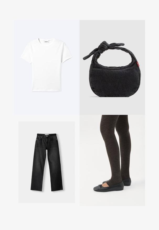Effen wit T-shirt met korte mouwen en ronde hals met een klein "WEEKDAY" label aan de binnenkant van de hals, plat neergelegd op een lichte achtergrond.; Bershka Straight leg jeans - mottled dark grey; Benen met donkere geribbelde leggings gecombineerd met zwarte ballerina's met kleine strikdetails op een witte achtergrond.; Kleine zwarte denim schoudertas met een gestrikte riem en ritssluiting, met een rood Levi's stoffen label aan de zijkant.