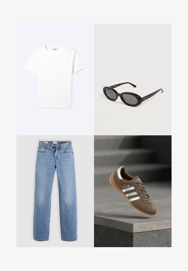 Ensfarvet hvid t-shirt med korte ærmer og rund halsudskæring med en lille "WEEKDAY" label indeni halskanten, vist fladt på en lys baggrund.; Lysblå denimjeans med lige ben-design, metalknaplukning, forlommer og diskrete falmenotater over det hele.; Brun ruskindssneaker med hvide striber og sølvdetaljer, med tekstureret overdel, snørelukning og gummisål i caramelfarve.; Ovale skildpaddeskjold-solbriller med mørke linser og slanke arme, der har et Ray-Ban-logo på den ene tinding.