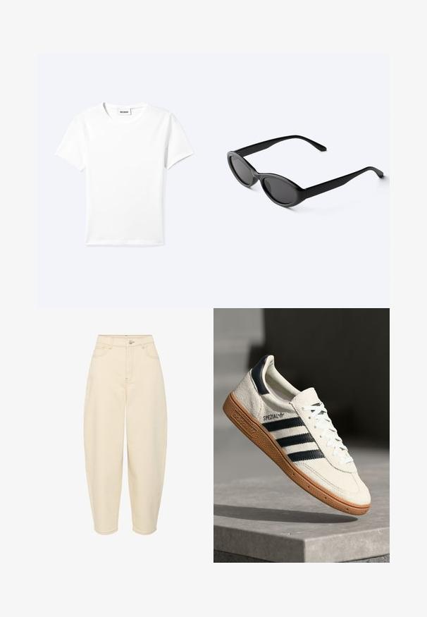 Ensfarvet hvid t-shirt med korte ærmer og rund halsudskæring med en lille "WEEKDAY" label indeni halskanten, vist fladt på en lys baggrund.; Beige højtaljede jeans med en løs pasform. Har fem lommer, lynlås foran og knaplukning. Fremstillet af robust bomuldsstof.; Hvide ruskinds sneakers med marineblå striber, gummisål, struktureret overdel, rund tå og snøring; har branding på siden og tungen.; Slanke sorte ovale solbriller med mørke linser og lige arme, hvilende på en hvid overflade.