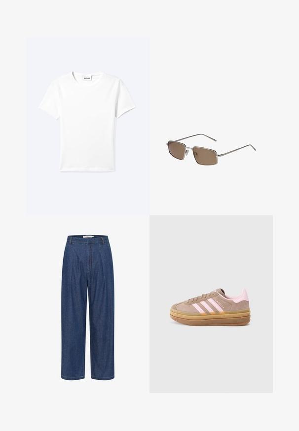 Effen wit T-shirt met korte mouwen en ronde hals met een klein "WEEKDAY" label aan de binnenkant van de hals, plat neergelegd op een lichte achtergrond.; Blauwe denim broek met hoge taille, wijde pijpen, voorplooien, lussen voor een riem en een verborgen ritssluiting.; Lichtbruin suède sneakers met roze strepen en accenten, rubberen zool, ronde neus en een getextureerde tong. Bevat 'Gazelle' branding.; Rechthoekige zonnebril met bruin getinte glazen, een metalen frame en slanke armen. Heeft verstelbare neuspads voor comfort.