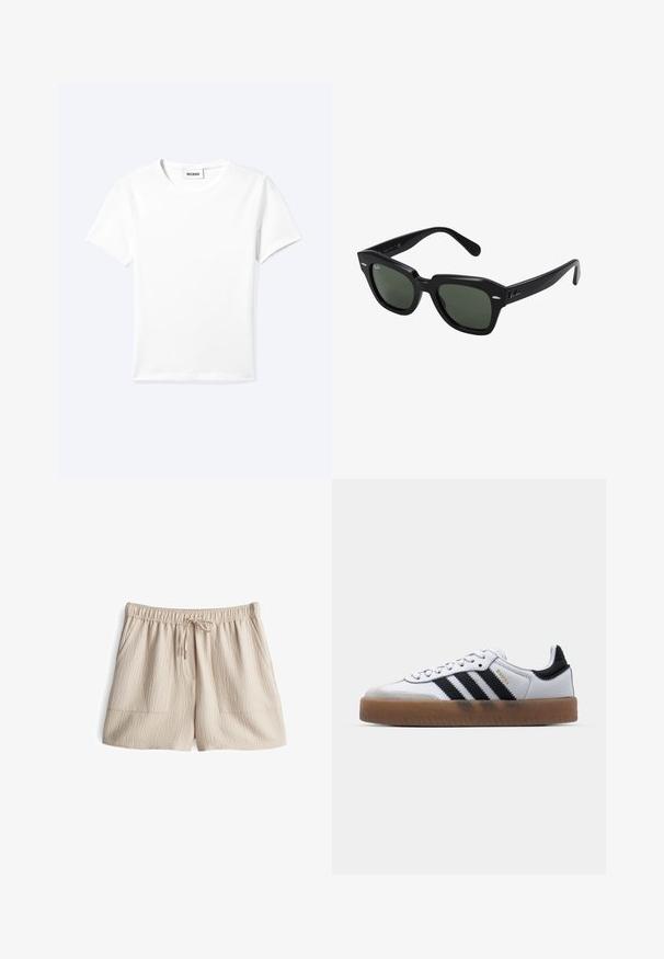 Einfaches weißes T-Shirt mit kurzen Ärmeln und Rundhalsausschnitt sowie kleinem "WEEKDAY"-Etikett im Nacken, flach auf einem hellen Hintergrund präsentiert.; Beige Shorts mit elastischem Bund und Kordelzug, aus strukturiertem Stoff mit zwei Fronttaschen. Mittlere Oberschenkel-Länge.; Weiße Leder Sneakers mit schwarzen Streifen, Gummigummi-Außensohle, runder Zehenform, Schnürverschluss und weichem grauem Wildleder-Zehenkappe.; Schwarze quadratische Sonnenbrillen mit dunkelgrünen Gläsern, ausgestattet mit markanten Rahmen und silbernen Akzenten an den Seiten. Hergestellt in Italien.