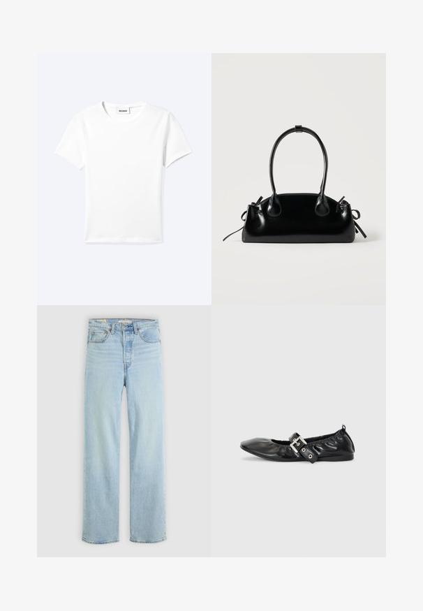 T-shirt blanc uni à manches courtes et col rond avec une petite étiquette "WEEKDAY" à l'intérieur de l'encolure, présenté à plat sur un fond clair.; Jean en denim bleu clair avec une coupe droite, comportant cinq poches, une fermeture éclair classique et des accents de couture visibles.; Chaussure plate en cuir noir avec un nez pointu, des détails froncés autour de l'ouverture et un accent en boucle argentée sur la bride ajustable.; Petit sac à main noir brillant avec deux longues anses et des détails à cordon sur les côtés sur un fond clair uni.