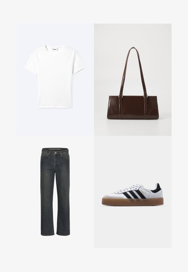 Ensfarvet hvid t-shirt med korte ærmer og rund halsudskæring med en lille "WEEKDAY" label indeni halskanten, vist fladt på en lys baggrund.; Mørkeblå lige ben jeans lavet af denimstof, med medium talje, fem-lomme design og diskret syning langs sømmene.; Hvide lædersneakers med sorte striber, gummirubber sål, rund tå, snørelukning og blød grå ruskinds tåhætte.; Brun lakeret håndtaske med rektangulær form, to lange håndtag og subtile buede detaljer på fronten.