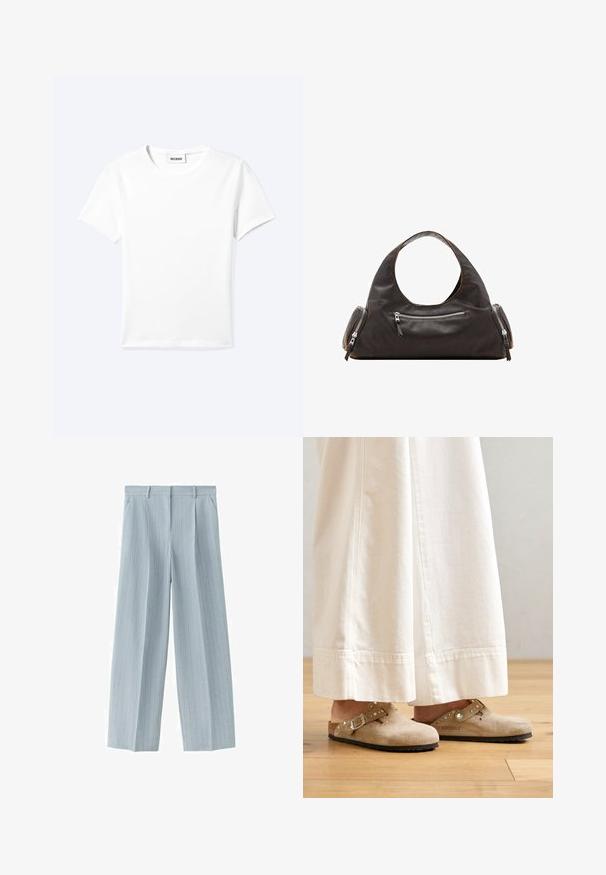 Plain white short-sleeve crew neck t-shirt with a small "WEEKDAY" label inside the neckline, shown flat on a light background.; Light blue pinstriped tailored trousers with belt loops, side pockets, and a front zipper fly.; Beige suede clogs with a buckled strap and studded accents, worn with white wide-leg pants, set on a wooden floor.; Black leather handbag with a rounded top handle, two side pockets with zippers, and smooth texture. Slightly slouchy design.