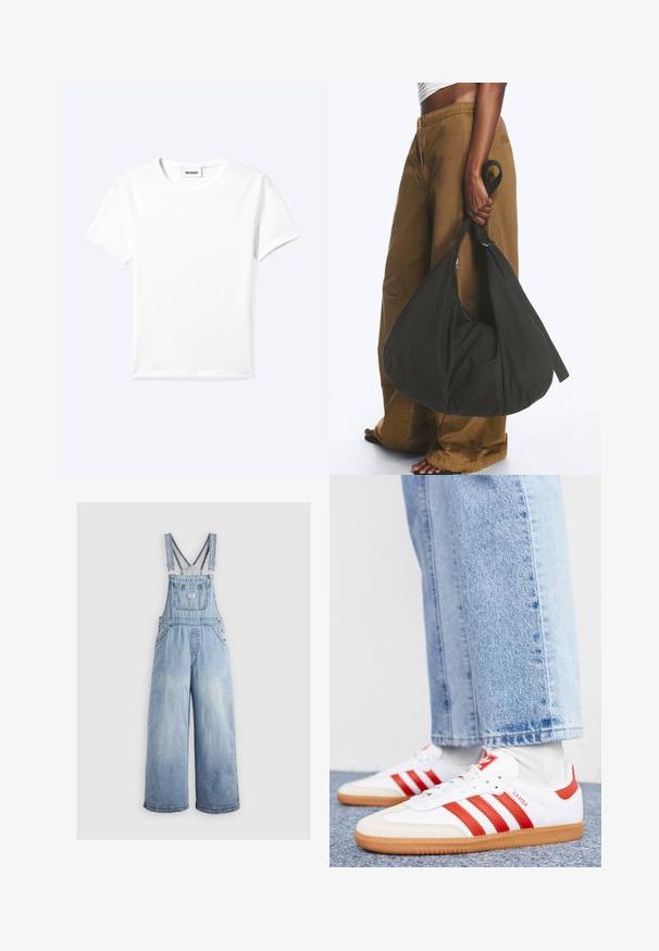 Einfaches weißes T-Shirt mit kurzen Ärmeln und Rundhalsausschnitt sowie kleinem "WEEKDAY"-Etikett im Nacken, flach auf einem hellen Hintergrund präsentiert.; Helleblaue Denim-Latzhose mit weiten Beinen, verstellbaren Trägern, einer Fronttasche und Metallknöpfen an den Seiten. Klassischer Stil mit lockerer Passform.; Weiße Leder Sneaker mit roten Streifen und Akzenten. Verfügt über eine strukturierte Gummi-Laufsohle und einen gepolsterten Schaft. Tragen mit hellblauer Jeans.; Person trägt braune weite Hose und weißes Oberteil und hält eine große schwarze weiche Handtasche an der Seite am Trageriemen.