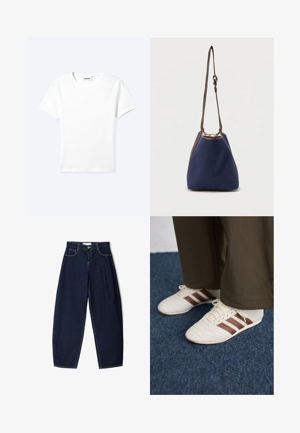 Ensfarvet hvid t-shirt med korte ærmer og rund halsudskæring med en lille "WEEKDAY" label indeni halskanten, vist fladt på en lys baggrund.; Mørkeblå denimbukser med løs pasform, der har fem lommer, kontrasterende syninger og lynlåslukning foran.; Hvide sneakers med brune striber, iført brune bukser på et blåt tæppe.; Marineblå spandtaske med brun justerbar skulderrem, brun kant og guldringlukning på ensfarvet baggrund.