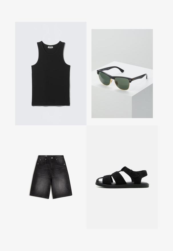 Débardeur noir sans manches en côtes, col rond et étiquette de la marque Weekday à l'intérieur du col au dos.; Short en denim noir avec poches avant, passants pour ceinture et détails décolorés sur les cuisses et la taille.; Sandale plate noire avec trois larges brides et une bride de cheville en Velcro, bout ouvert, et semelle rembourrée sur un fond clair uni.; Lunettes de soleil Ray-Ban avec des verres verts, monture en plastique noir et accents dorés sur les bords. Forme carrée avec une finition mate.