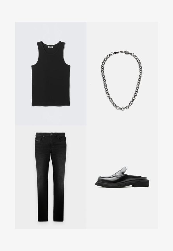 Sort ærmeløs ribbet tanktop med rund halsudskæring og Weekday-mærke på inderkraven bagpå.; Sorte jeans lavet af denim med lige pasform, der har forlommer og metalknaplukning, glat tekstur og subtile sydetaljer.; Sort læderloafer med åben hæl, lav hæl og syninger langs overdelen og sålen, vist i sideprofil på hvid baggrund.; Metal kæde halskæde med forlængede led i en mørk gunmetal farve. Har en geometrisk accent og lås med brandingdetalje.