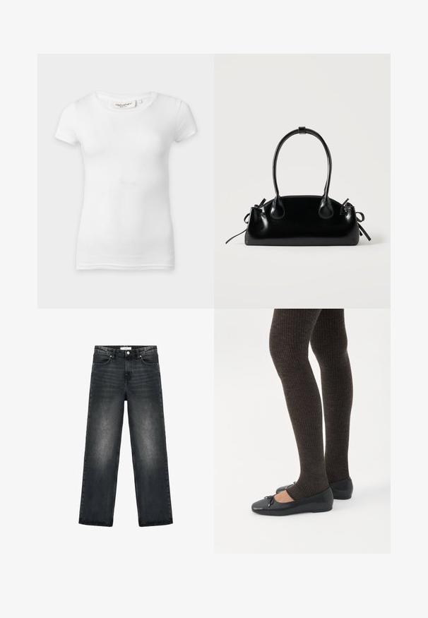 Camiseta ajustada de manga corta blanca lisa con cuello redondo, mostrada sobre una superficie plana.; Jeans de mezclilla negra con un corte relajado, piernas rectas y un ligero desgaste. Presentan un cierre de botón y un diseño de cinco bolsillos para mayor funcionalidad.; Piernas con leggings oscuros acanalados combinados con bailarinas negras que presentan pequeños detalles de lazo sobre un fondo blanco.; Pequeño bolso negro brillante con dos asas largas y detalles de cordón lateral sobre un fondo claro liso.