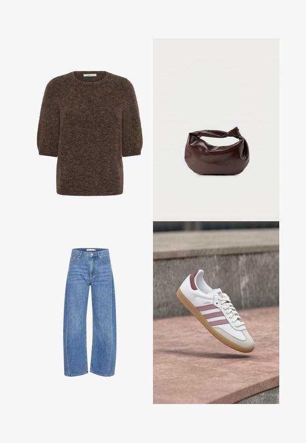 Brauner, flauschiger Wollpullover mit kurzen Ärmeln, rundem Ausschnitt und legerer Passform.; Helles blaufarbene Denim-Weitbeinjeans mit hoher Taille, ausgestattet mit einem Knopf- und Reißverschluss, fünf Taschen und dezenten Auswaschungseffekten.; Weißer und rosa Adidas Samba Sneaker mit Gummisohle, der über einer Steinoberfläche schwebt und vor einem verschwommenen Steinwand-Hintergrund.; Dunkelbraune Lederschultertasche mit weicher, lockerer Form und einem gedrehten Knotengriff vor schlichtem weißem Hintergrund.
