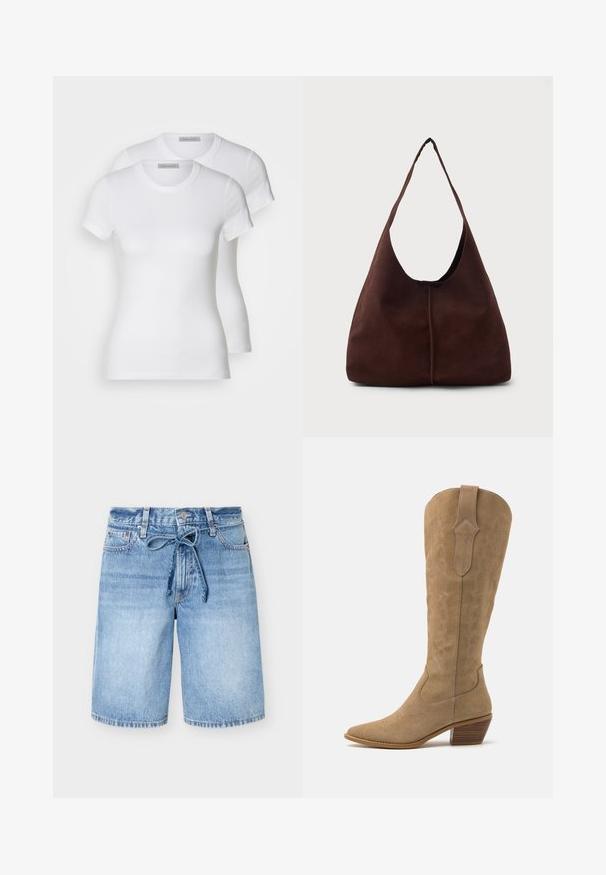 To hvide bomulds t-shirts med korte ærmer, rund halsudskæring og en tætsiddende silhuet, der viser en glat tekstur og et minimalistisk design.; Mellemblå denimshorts med høj talje, knap foran, fem lommer og et bundet stofbælte i taljen.; Tan ruskind cowboy støvler med spids tå, mellemhøj skaft og dekorativ syning langs siderne. Har en stablet træhæl.; Brun suedette hobo taske med en stor, buet åbning og en bred skulderrem. Har en centreret søm på forsiden. Glat tekstur.