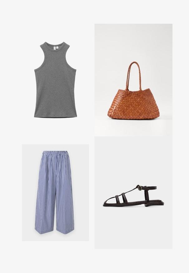 Sleeveless, ribbed grey tank top with a round neckline, laid flat on a white background, tags visible at the collar.; Blue and white vertical striped wide-leg cropped pants with elastic waistband and loose fit.; Dark brown flat sandal with textured straps, ankle buckle, and open toe design on a plain light background.; DRAGON DIFFUSION SANTA CROCE BIG - Handbag - tan