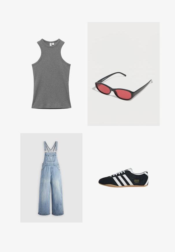 Ärmelloses, geripptes graues Tanktop mit rundem Ausschnitt, flach auf weißem Hintergrund ausgebreitet, Etiketten am Kragen sichtbar.; Helleblaue Denim-Latzhose mit weiten Beinen, verstellbaren Trägern, einer Fronttasche und Metallknöpfen an den Seiten. Klassischer Stil mit lockerer Passform.; Schwarze Wildledersneaker mit drei weißen Streifen, goldenem Logo und brauner Gummisohle. Merkmale ein niedrigprofiliertes Schnürdesign.; Schwarze ovale Sonnenbrille mit schlanken Bügeln und rot getönten Gläsern, die auf einer weißen Oberfläche liegt.