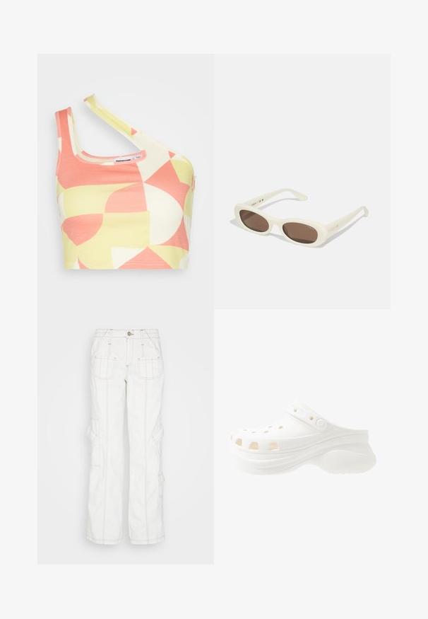 Noisy May CROSS NECK CROP - Toppi - eggnog/pale lime yellow/sun kissed coral; BDG Urban Outfitters Relaxed fit -farkut - white; Valkoinen vaahtomuovikenkä, jossa on kohotettu kanta, pyöreitä reikiä ilmanvaihtoa varten, säädettävä takanauha ja kuvioitu pohja pitävyyttä varten.; Aurinkolasit vaalean kermanvärisellä kehykset, soikeat linssit, ruskeat sävyt, joissa kiiltävä pinta ja hienovarainen "Vogue"-brändäys sivussa.