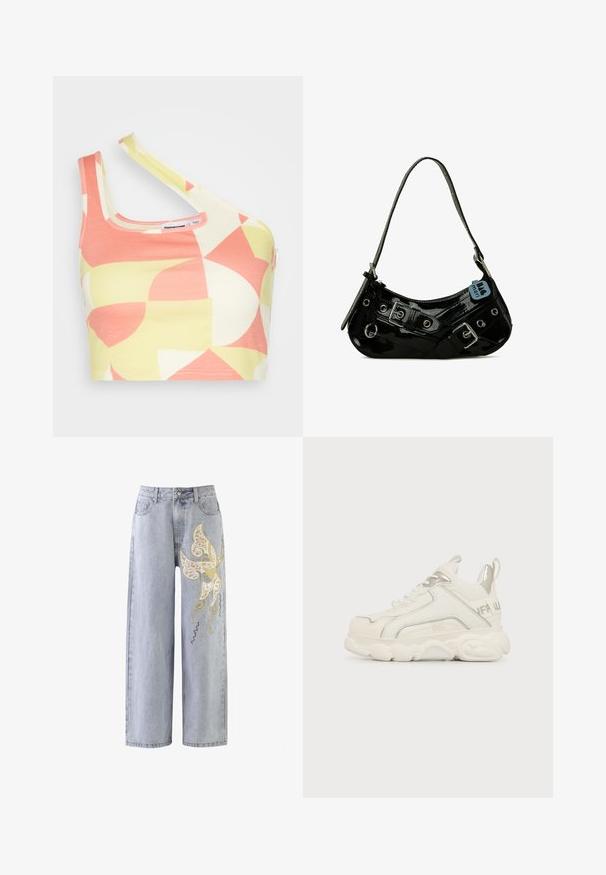 Noisy May CROSS NECK CROP - Top - eggnog/pale lime yellow/sun kissed coral; Lysblå vidde jeans med et sommerfuglemotiv i guld- og elfenbensbroderi, prydet med dekorative syninger.; Hvid chunky sneaker med tyk sål, sølv detalje på hæl og side, snørebånd foran og trækstrop bagpå.; Sort lakeret skuldertaske med en buet form, udsmykket med sølvhardware, dekorative spænder og en kort rem. Blå mærkat vedhæftet.