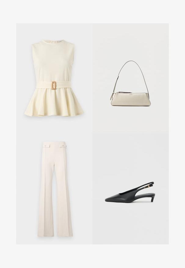 Top sin mangas color crema con peplum, escote redondo y cinturón de tela a juego con hebilla rectangular dorada en la cintura.; Pantalones de cintura alta color crema con piernas anchas, detalle de costura en la parte delantera y bolsillos con solapa y botones en la cinturilla.; Zapatos de tacón estilo slingback negros con punta afilada, textura de cuero suave, un tacón bajo tipo kitten heel y una correa con un detalle de hebilla metálica.; Pequeño bolso de hombro de cuero beige con una correa fina y cierre de cremallera, con un logo metálico discreto en el centro del frente.