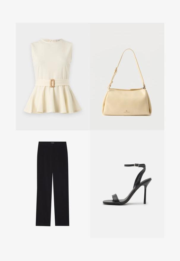 Top sin mangas color crema con peplum, escote redondo y cinturón de tela a juego con hebilla rectangular dorada en la cintura.; Pantalones de pana negra con corte recto, que cuentan con una cinturilla plana y sin bolsillos visibles, textura suave y detalle de acolchado vertical.; Sandalia negra de tacón alto con una correa delgada en el tobillo y dos bandas en la parte frontal. Hecha de cuero suave con una punta afilada y tacón de aguja.; Bolso de hombro beige rectangular con correa ajustable y cierre de cremallera, con un pequeño logo "Anna Field" en el centro frontal.