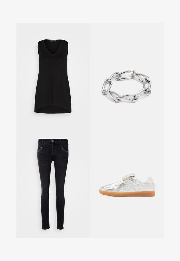 Anna Field Débardeur - black; Jeans en denim noir à coupe slim, avec poches avant et légères coutures décoratives. Texture lisse et design à jambe droite. Sans ornements.; Baskets métalliques argentées avec une finition lisse, des accents texturés et une semelle en caoutchouc gomme. Elles sont dotées de lacets et d'une sangle Velcro pour la fermeture.; Bracelet en chaîne en métal argenté mettant en valeur des formes ovales allongées et entrelacées, avec une surface lisse et polie et un éclat uniforme.