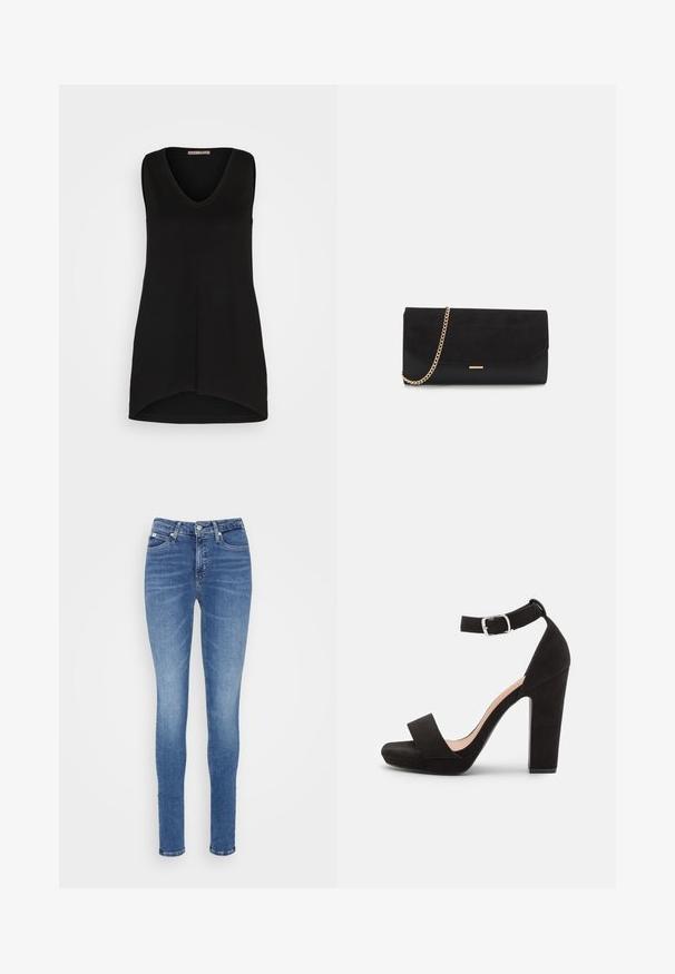 Anna Field Top - black; Slank jeans i mellemblå denim med høj talje, glat tekstur, to forlommer og en enkelt baglomme.; Anna Field Sandaler - black; Sort clutch taske lavet af ruskind med en struktureret overflade, udstyret med en guld kædestrop og et elegant, kantet design.