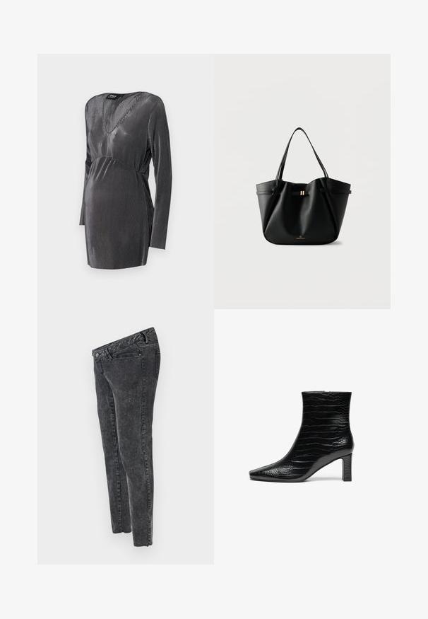 Vestido de maternidad a rayas negro y plateado con escote en V, mangas largas y cintura imperio, diseñado para ofrecer comodidad y estilo durante el embarazo.; MAMALICIOUS Slim fit Mid waist Raw hems - Vaqueros slim fit - grey denim; Botín negro hasta el tobillo con punta afilada, exterior brillante con textura de cocodrilo y un tacón cuadrado de altura media. Diseño liso y elegante.; Bolso tote de cuero negro con dos correas para el hombro, un pequeño cierre dorado y el logo "Anna Field" sobre un fondo blanco.