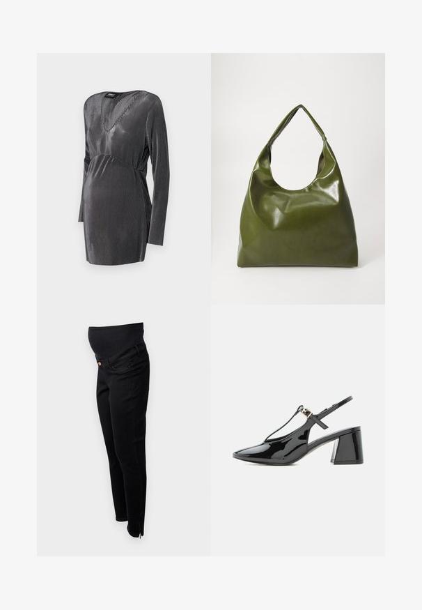 Zwart en zilver gestreepte zwangerschapsjurk met een V-hals, lange mouwen en een empire taille, ontworpen voor comfort en stijl tijdens de zwangerschap.; Zwarte zwangerschapsjeans met een rekbare tailleband over de buik, slim fit, enkelritsen en een klassieke vijf-pocketontwerp. Zachte denim structuur.; Zwarte lakleren slingback met lage hak, spits toelopende neus en T-bandje met kleine gouden gesp.; Groene leren hobotas met een slordig ontwerp, gebogen handvat en een gladde textuur. Bevat geen zichtbare hardware of accenten.