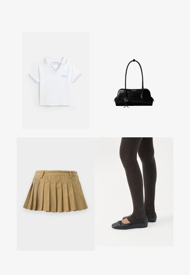 Wit poloshirt met korte mouwen, met blauwe en roze streepafwerking op de kraag en mouwen, V-hals, en 'Juicy' in het blauw geborduurd op de borst.; Plissé rok in lichtbruine stof, met een aansluitende tailleband, meerdere plooien en een rechte onderrand. Geen zichtbare sluitingen of accenten.; Benen met donkere geribbelde leggings gecombineerd met zwarte ballerina's met kleine strikdetails op een witte achtergrond.; Zwarte schoudertas van leer met krokodillenstructuur, lange banden en een klein zilveren logohanger aan één band.